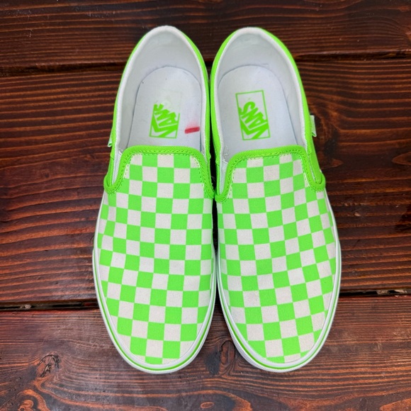 VANS Neon Green / White Checkerboard Slip On Sneakers - Picture 5 of 8